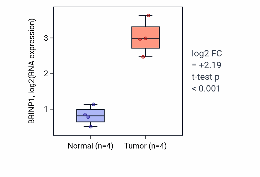 Tumor-vs-normal expression box plot for BRINP1 in THCA.