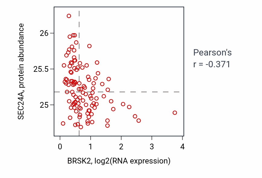 Per-sample scatter of BRSK2 vs SEC24A in LSCC (Pearson r = -0.37).