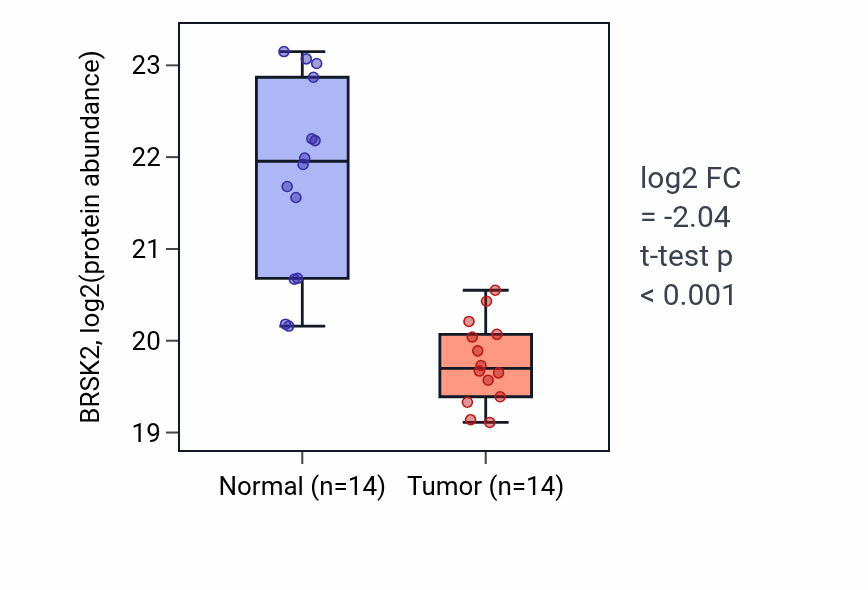 Tumor-vs-normal mass-spec protein box plot for BRSK2 in PDAC.