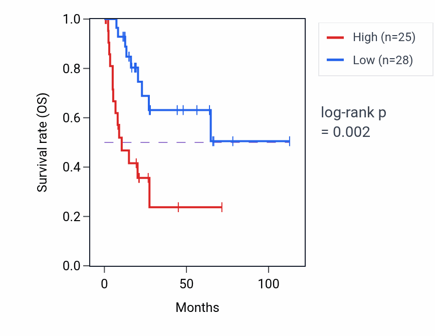 Kaplan&ndash;Meier survival curve for BSCL2 RNA expression in BLCA: high vs low expression groups.