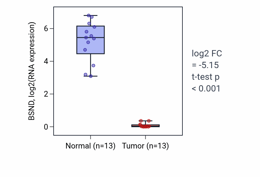 Tumor-vs-normal expression box plot for BSND in KIRC.