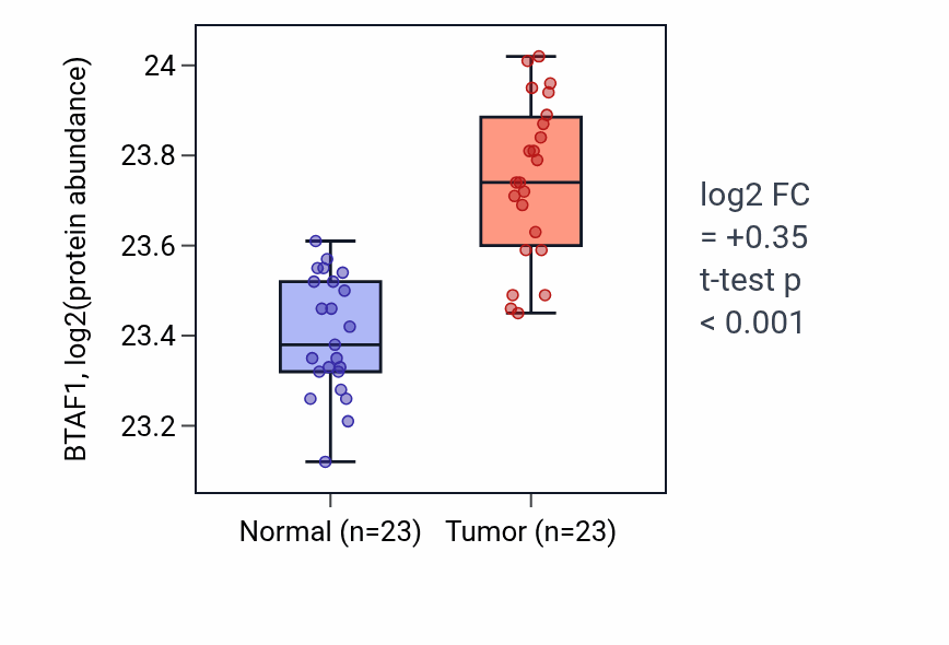 Tumor-vs-normal mass-spec protein box plot for BTAF1 in HNSC.