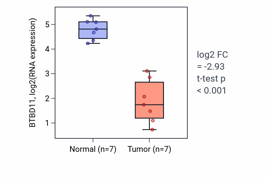 Tumor-vs-normal expression box plot for BTBD11 RNA in THCA.
