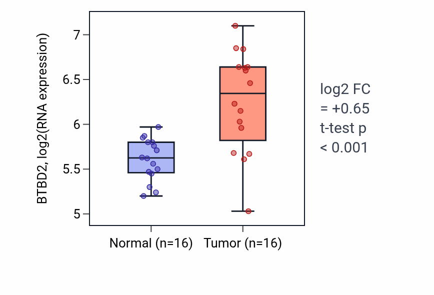 Tumor-vs-normal expression box plot for BTBD2 in KIRP.