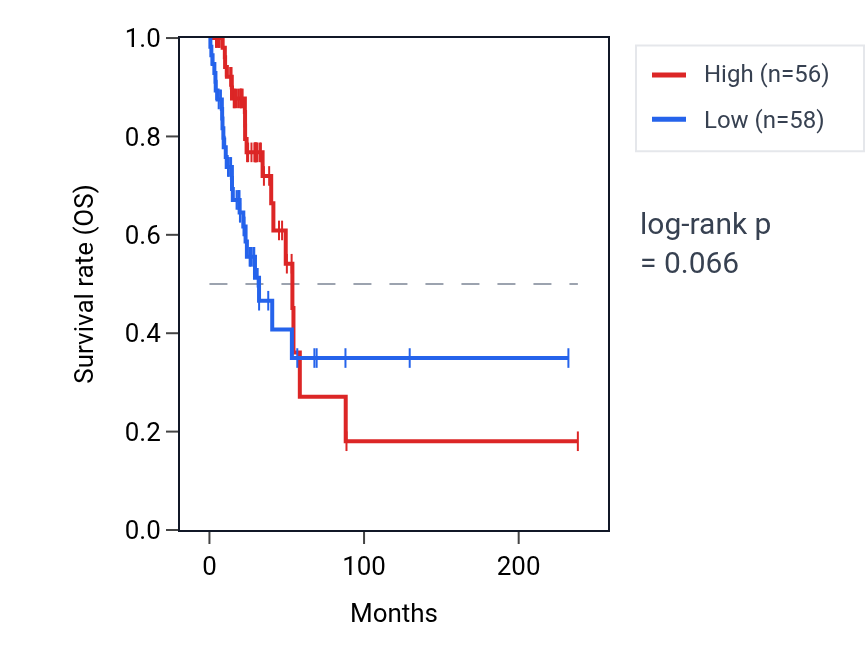 Kaplan&ndash;Meier survival curve for BTBD7P1 RNA expression in LUAD: high vs low expression groups.
