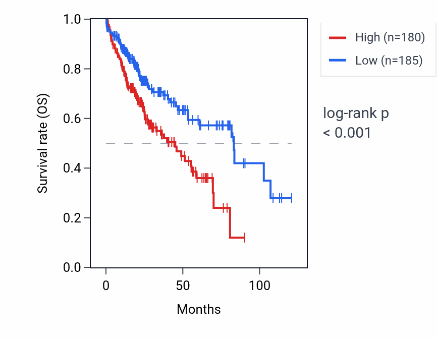 Kaplan&ndash;Meier survival curve for BTF3L4P2 RNA expression in LIHC: high vs low expression groups.