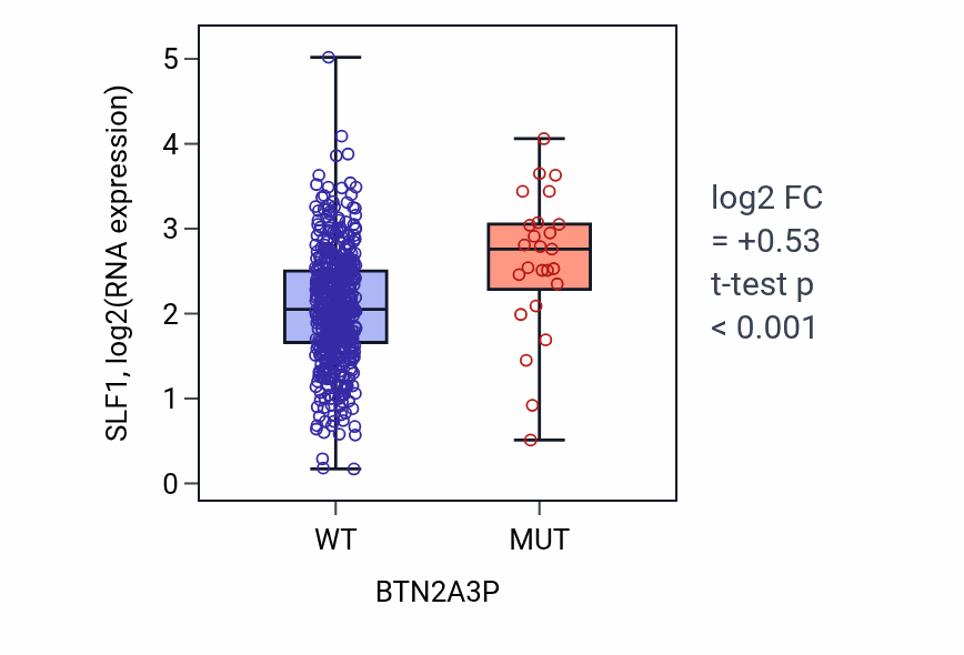 Box plot of SLF1 in BTN2A3P-low vs BTN2A3P-high samples in UCEC.