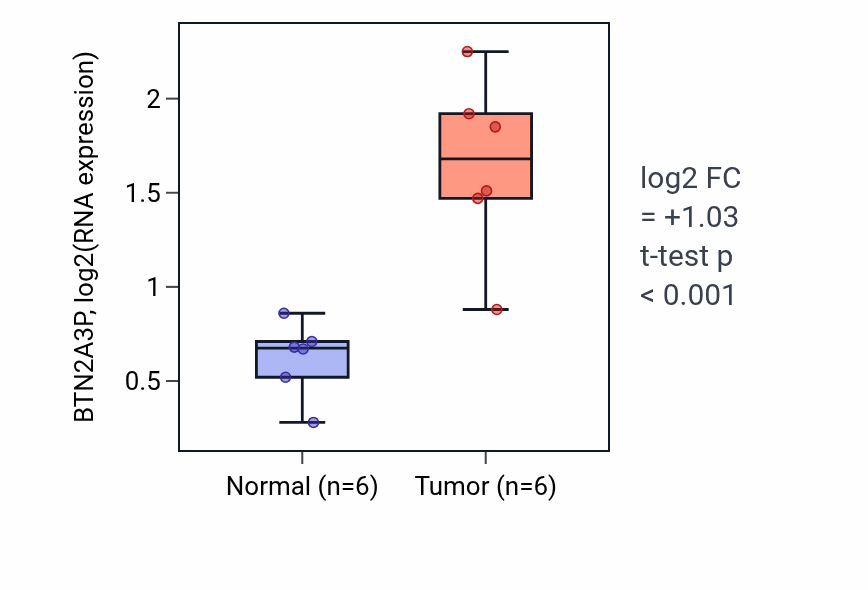 Tumor-vs-normal expression box plot for BTN2A3P RNA in HNSC.