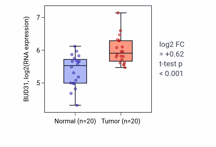 Tumor-vs-normal expression box plot for BUD31 in KIRC.