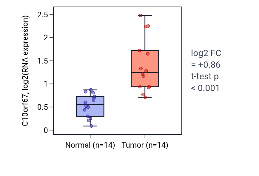 Tumor-vs-normal expression box plot for C10orf67 in THCA.