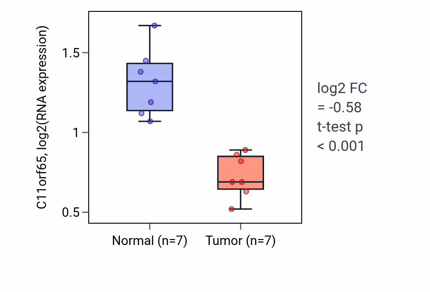 Tumor-vs-normal expression box plot for C11orf65 in THCA.