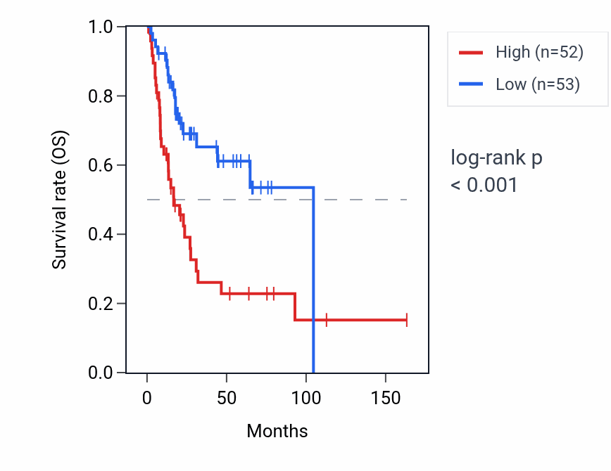 Kaplan&ndash;Meier survival curve for C11orf95 RNA expression in BLCA: high vs low expression groups.