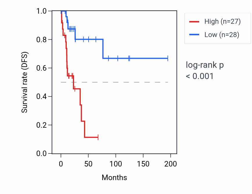 Kaplan&ndash;Meier survival curve for C11orf96 RNA expression in KIRP: high vs low expression groups.