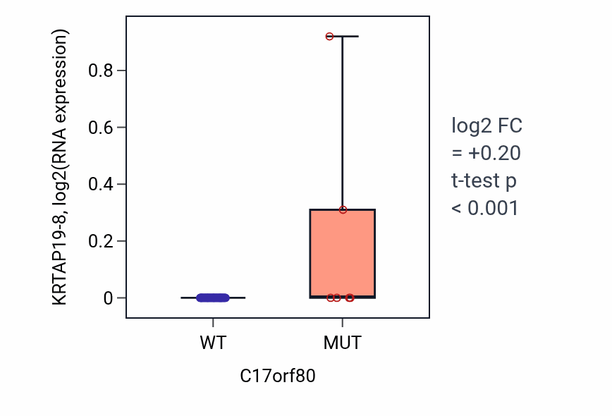 Box plot of KRTAP19-8 in C17orf80-low vs C17orf80-high samples in OVARY.