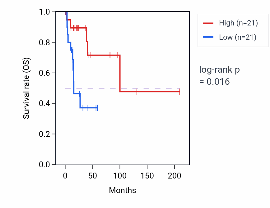 Kaplan&ndash;Meier survival curve for C19orf84 RNA expression in CESC: high vs low expression groups.