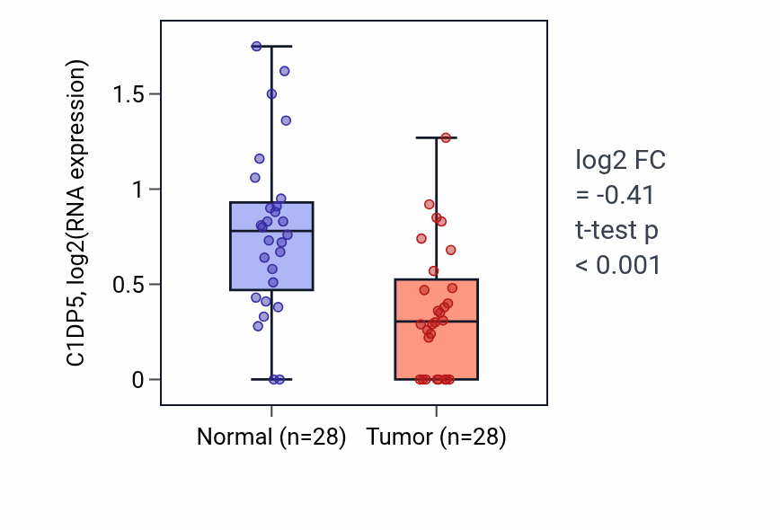 Tumor-vs-normal expression box plot for C1DP5 RNA in LUAD.