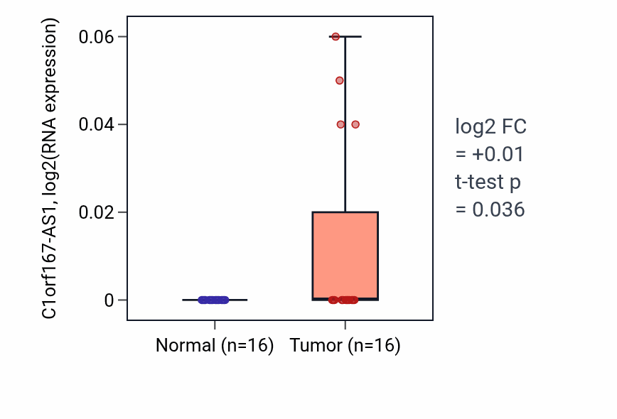 Tumor-vs-normal expression box plot for C1orf167-AS1 in HNSC.
