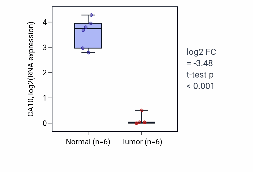 Tumor-vs-normal expression box plot for CA10 in KIRC.