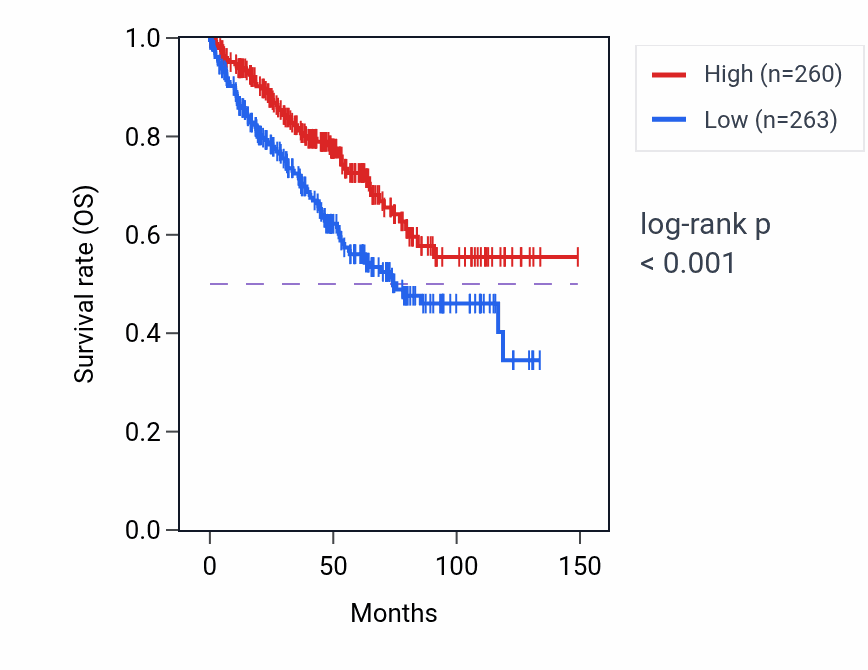 Kaplan&ndash;Meier survival curve for CA2 RNA expression in KIRC: high vs low expression groups.