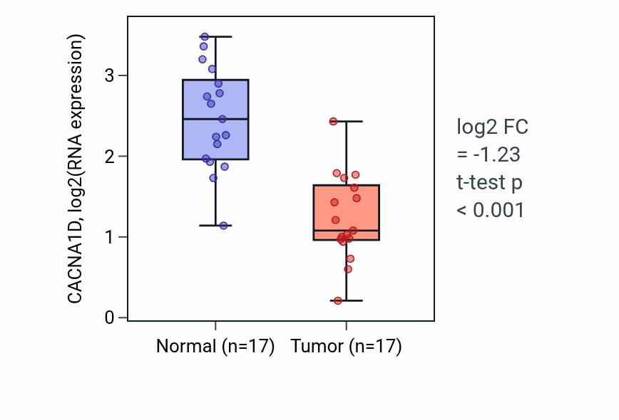 Tumor-vs-normal expression box plot for CACNA1D in THCA.