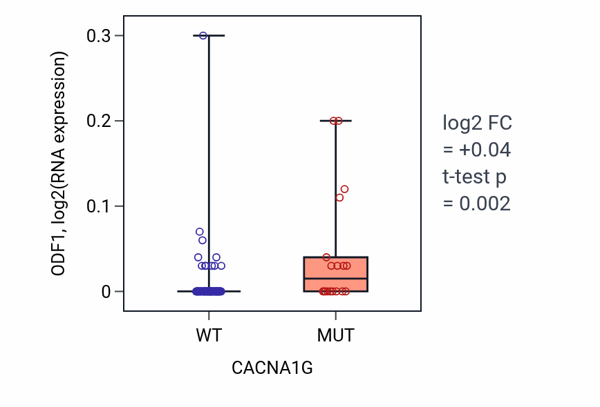 Box plot of ODF1 in CACNA1G-low vs CACNA1G-high samples in BLOOD_Leukemia.