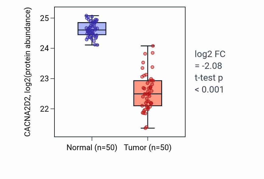 Tumor-vs-normal mass-spec protein box plot for CACNA2D2 in LSCC.