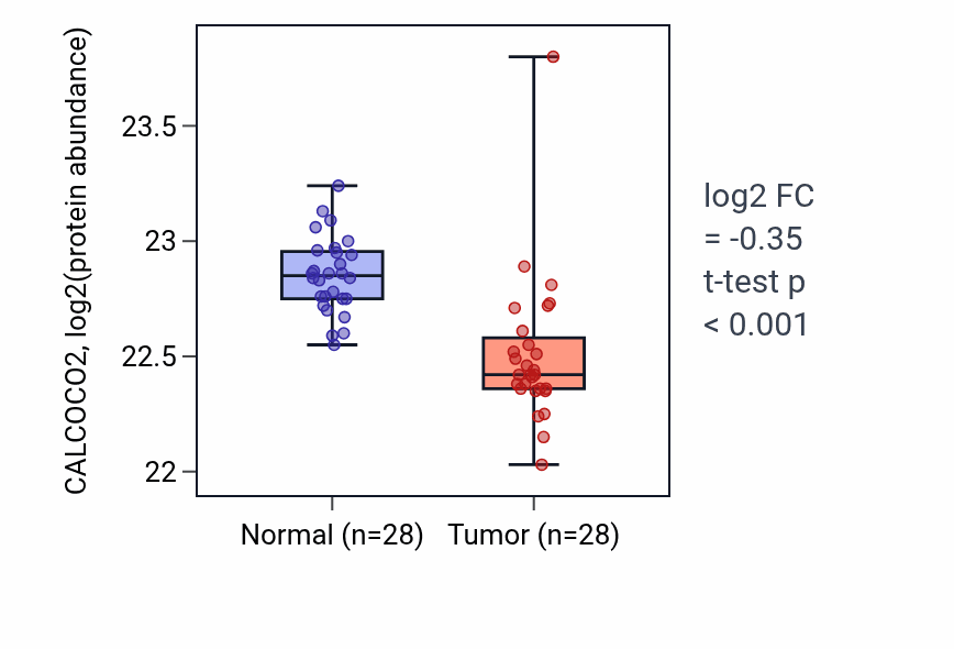 Tumor-vs-normal mass-spec protein box plot for CALCOCO2 in COAD.