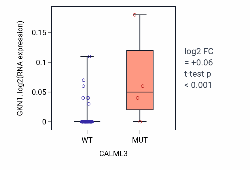 Box plot of GKN1 in CALML3-low vs CALML3-high samples in LARGE_INTESTINE.
