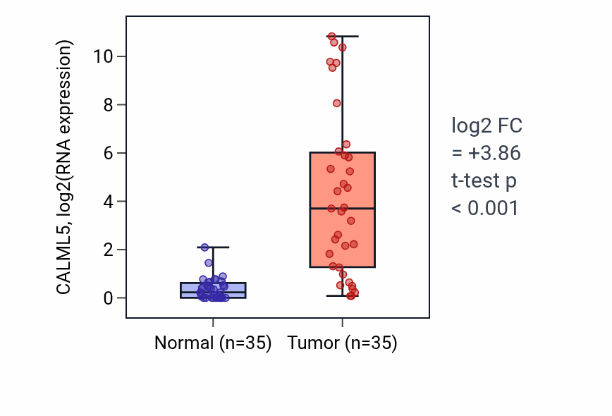 Tumor-vs-normal expression box plot for CALML5 in LUSC.
