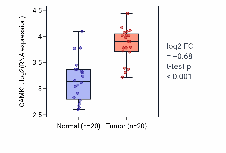 Tumor-vs-normal expression box plot for CAMK1 in KIRC.