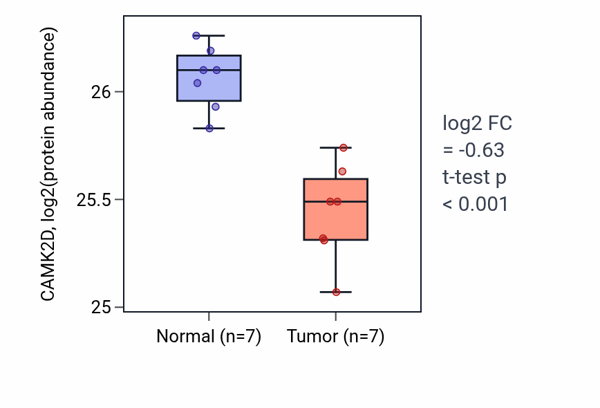 Tumor-vs-normal mass-spec protein box plot for CAMK2D in COAD.
