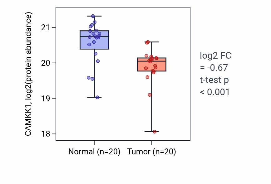 Tumor-vs-normal mass-spec protein box plot for CAMKK1 in PDAC.