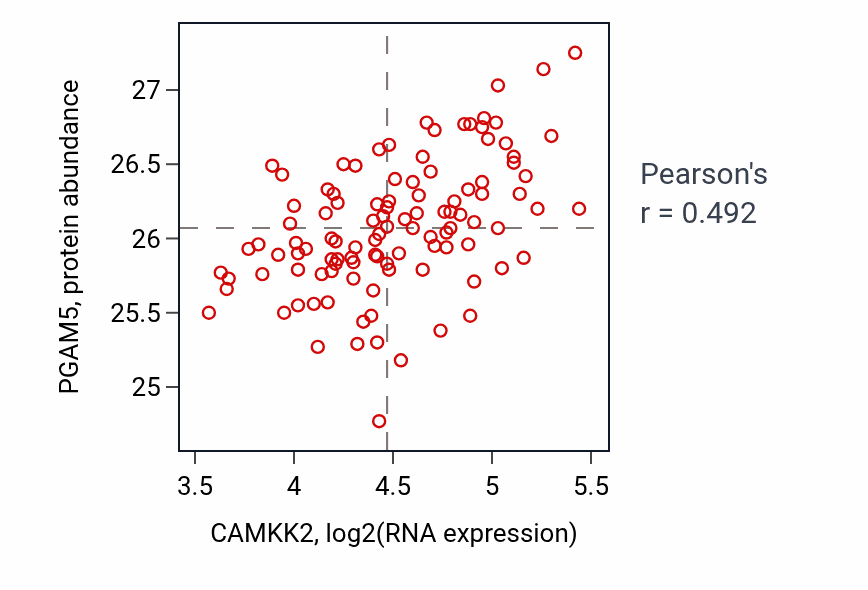 Per-sample scatter of CAMKK2 vs PGAM5 in LSCC (Pearson r = 0.49).