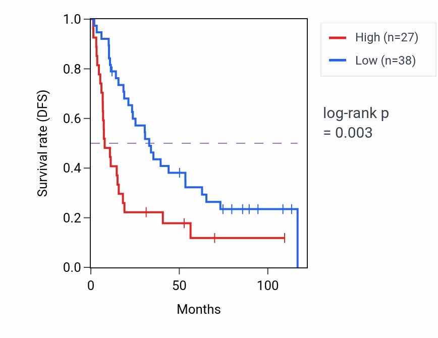 Kaplan&ndash;Meier survival curve for CAMKV RNA expression in KIRC: high vs low expression groups.