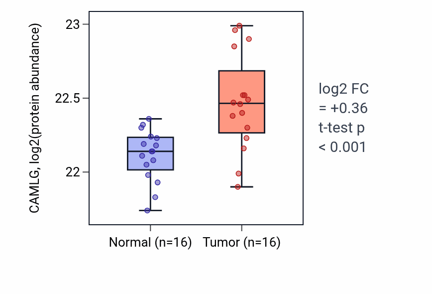 Tumor-vs-normal mass-spec protein box plot for CAMLG in LUAD.