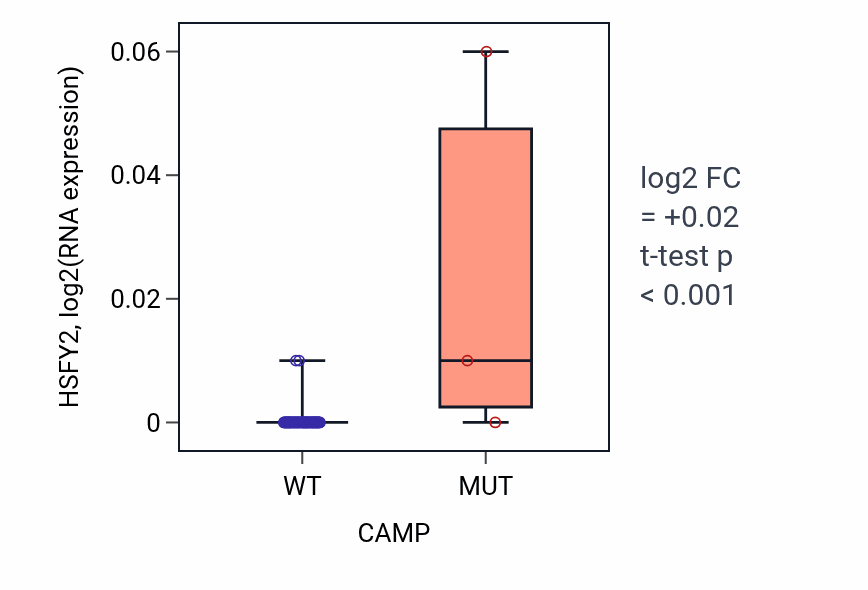 Box plot of HSFY2 in CAMP-low vs CAMP-high samples in LARGE_INTESTINE.