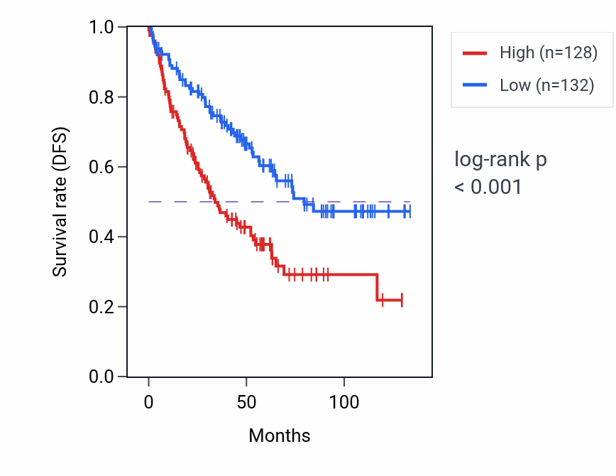 Kaplan&ndash;Meier survival curve for CAMTA1-DT RNA expression in KIRC: high vs low expression groups.