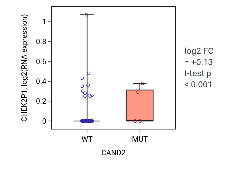 Box plot of CHEK2P1 in CAND2-low vs CAND2-high samples in BRCA.