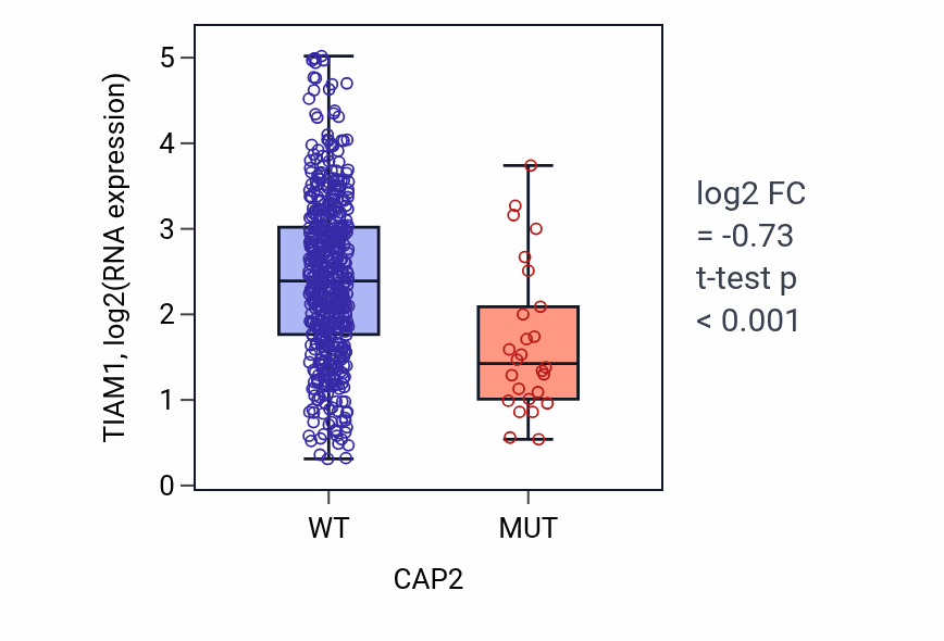 Box plot of TIAM1 in CAP2-low vs CAP2-high samples in UCEC.