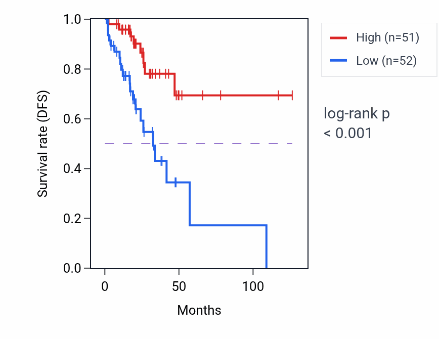 Kaplan&ndash;Meier survival curve for CAPN13 RNA expression in READ: high vs low expression groups.