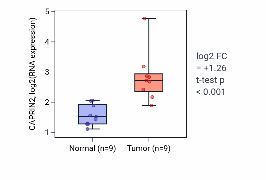 Tumor-vs-normal expression box plot for CAPRIN2 in HNSC.