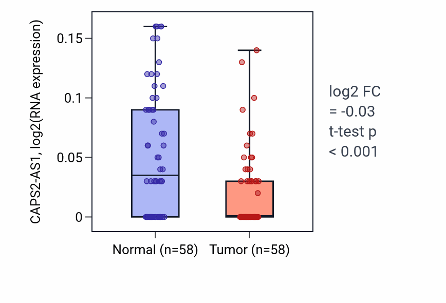 Tumor-vs-normal expression box plot for CAPS2-AS1 in THCA.