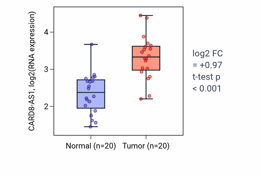 Tumor-vs-normal expression box plot for CARD8-AS1 in KIRC.