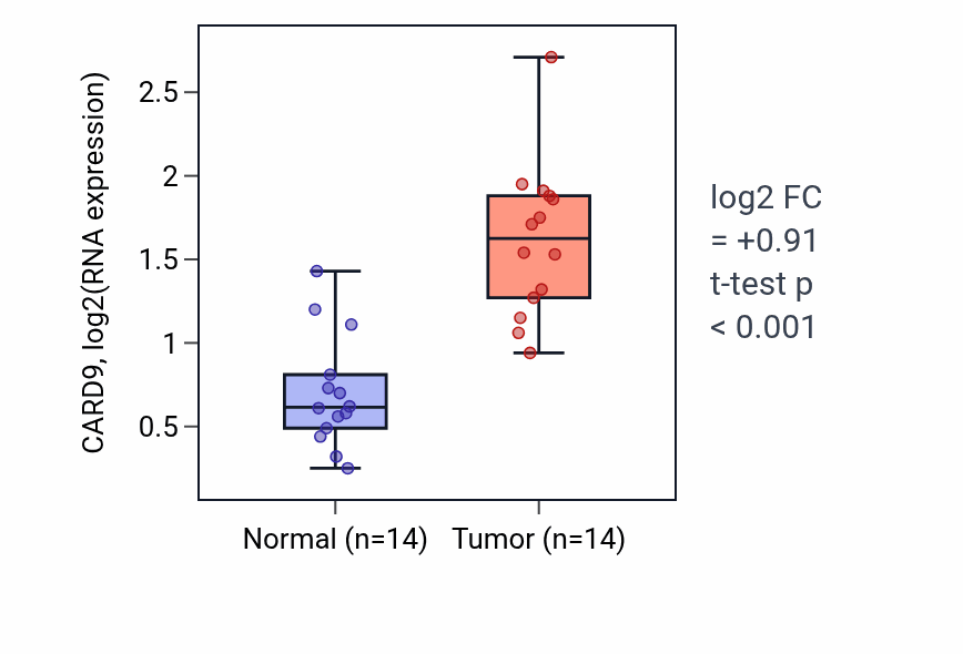Tumor-vs-normal expression box plot for CARD9 in KIRC.