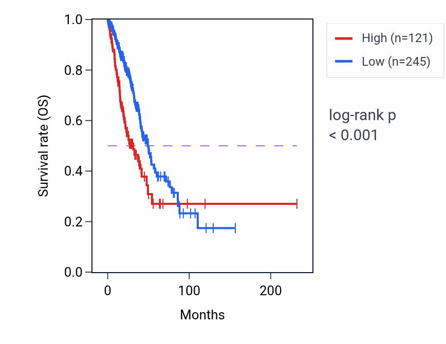 Kaplan&ndash;Meier survival curve for CASC19 RNA expression in LUAD: high vs low expression groups.