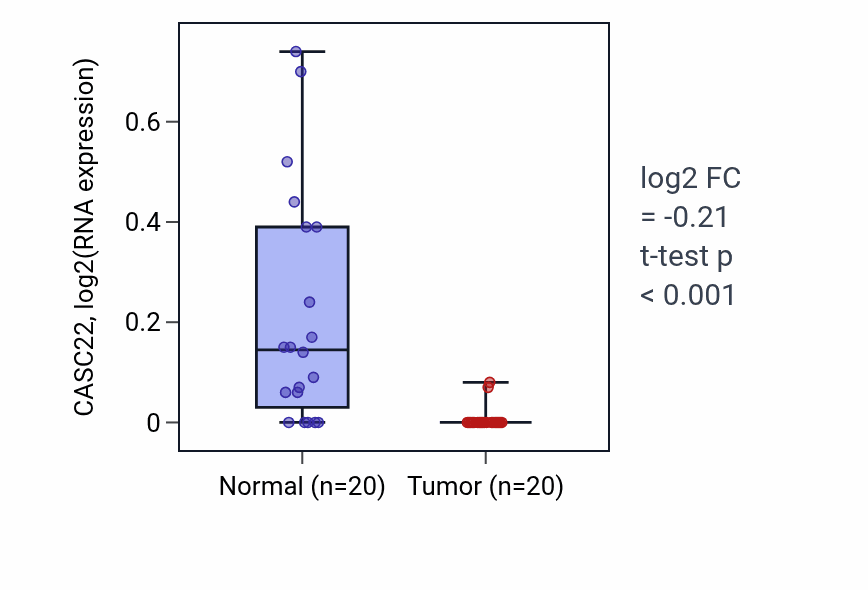 Tumor-vs-normal expression box plot for CASC22 in KIRC.