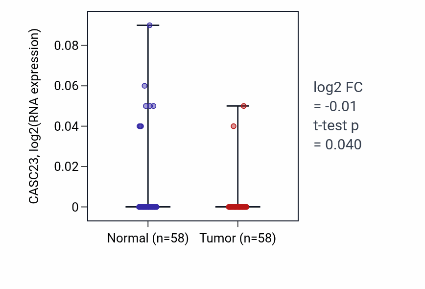 Tumor-vs-normal expression box plot for CASC23 in THCA.