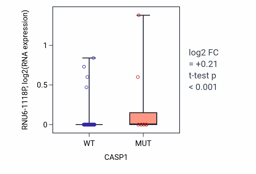 Box plot of RNU6-1118P in CASP1-low vs CASP1-high samples in BLCA.