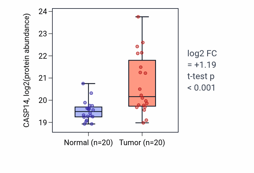 Tumor-vs-normal mass-spec protein box plot for CASP14 in PDAC.