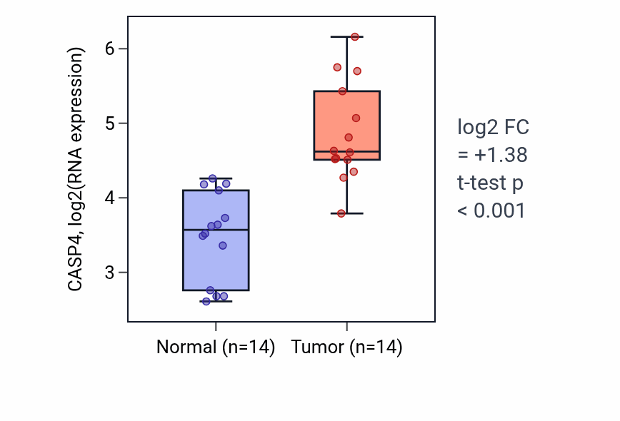 Tumor-vs-normal expression box plot for CASP4 in KIRC.